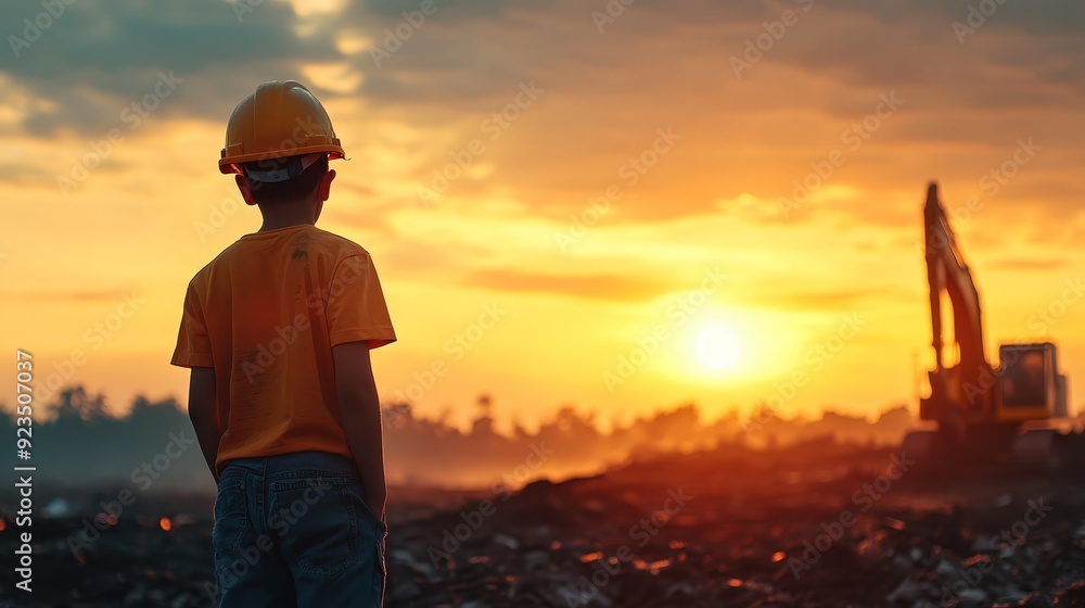 Fototapeta premium Child watching construction site at sunset