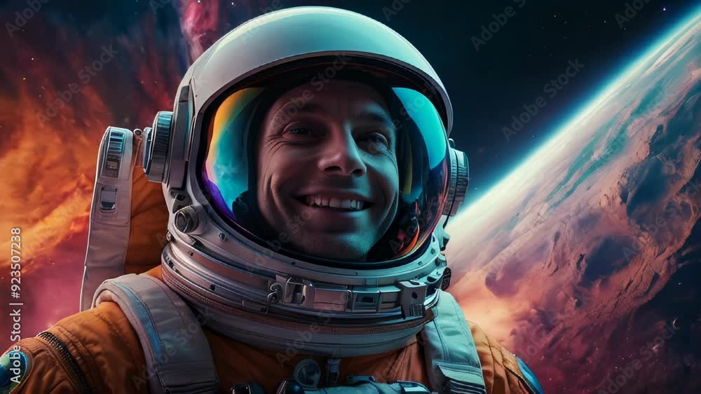 An astronaut smiles joyfully in a vibrant cosmic landscape, with a colorful nebula and distant planet forming a stunning backdrop An astronaut smiles joyfully in a vibrant cosmic landscape, with a colorful nebula and distant planet forming a stunning backdrop