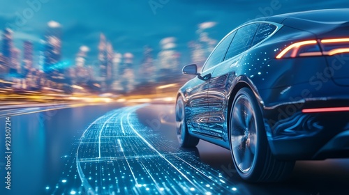 Futuristic Electric Car Driving in Digital City