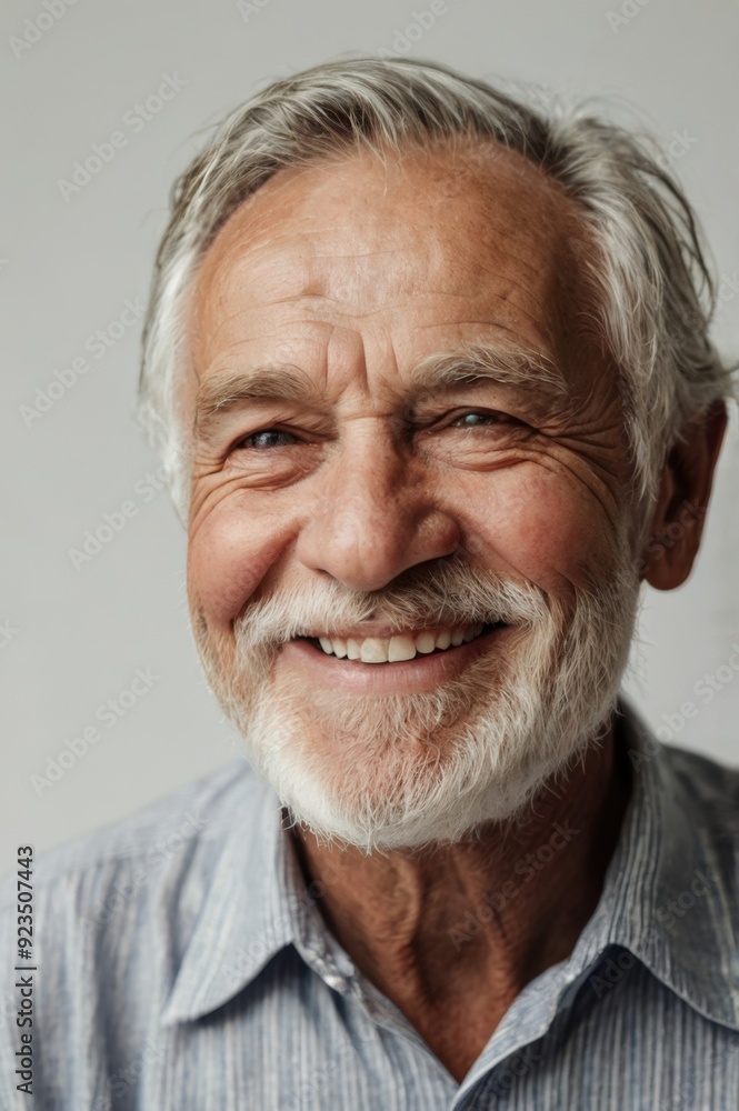 Joyful Senior Man Smiling Warmly Against Light Background in Casual Attire Joyful Senior Man Smiling Warmly Against Light Background in Casual Attire