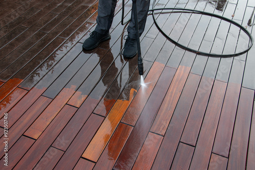 High pressure washing and cleaning wood deck