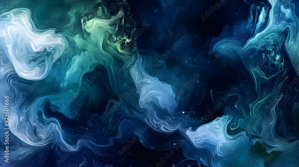 Fluid motion waves in a cosmic palette of indigo and cosmic green Fluid motion waves in a cosmic palette of indigo and cosmic green
