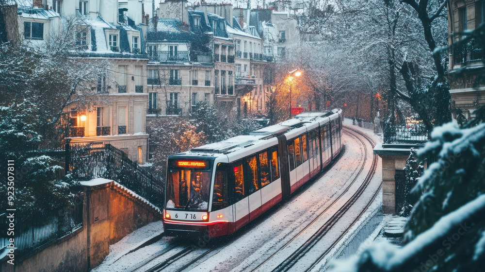 Parisian electric train passing through a snow-dusted Montmartre district, with charming cobblestone streets and historic buildings blanketed in white. Parisian electric train passing through a snow-dusted Montmartre district, with charming cobblestone streets and historic buildings blanketed in white.