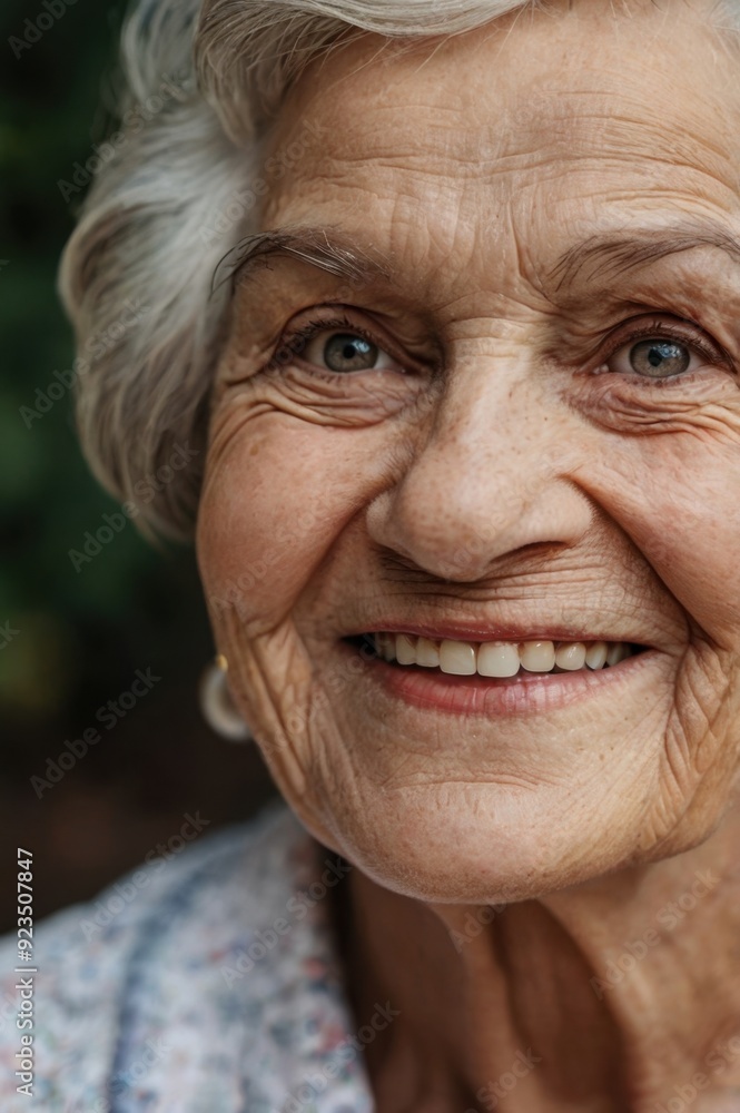Joyful Senior Woman Smiling in Floral Blouse on White Background Joyful Senior Woman Smiling in Floral Blouse on White Background