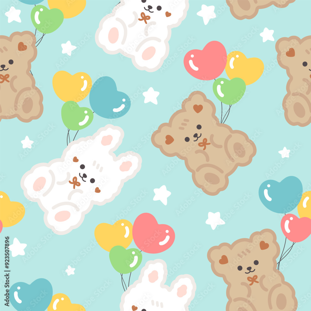 Cute brown teddy bears with white rabbits blue background with colorful balloons and stars, kids seamless pattern background for girl. Wrapping paper design, fabric and textile print Cute brown teddy bears with white rabbits blue background with colorful balloons and stars, kids seamless pattern background for girl. Wrapping paper design, fabric and textile print