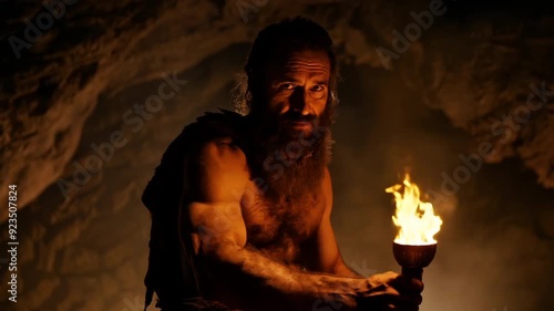 Hairy bearded primeval Caveman Wearing Animal Skin Standing in Cave At dark Night, Hold burning torch Looking at camera. Stone age person face portrait. Old ancient man discover fire.