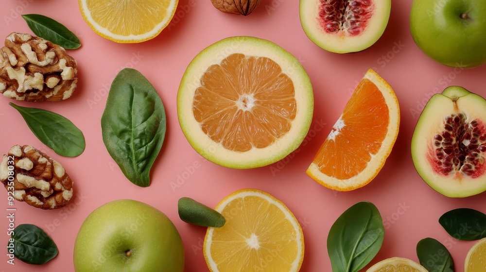 Green apple, grapefruit, orange and walnuts lying on pink background Green apple, grapefruit, orange and walnuts lying on pink background