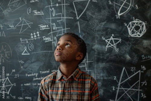 young afroamerican boy standing in front of a large chalkboard with mathematical and scientific diagrams. The boy is looking up with curiosity and wonder, education, creativity photo