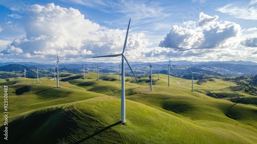 Aerial Perspective of Vast Wind Farm on Lush Rolling Hills