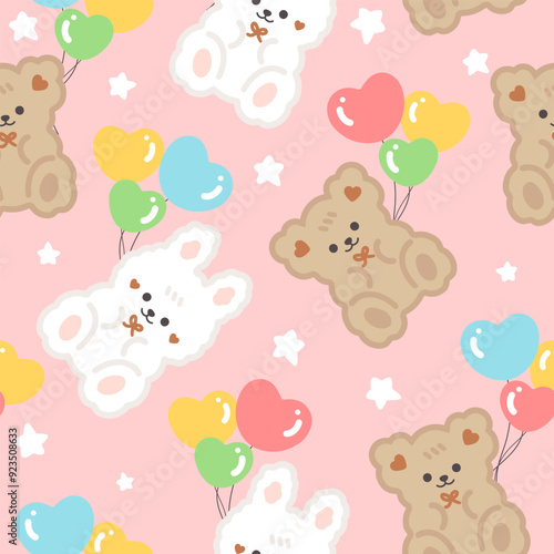 Cute brown teddy bears with white rabbits pink background with colorful balloons and stars, kids seamless pattern background for girl. Wrapping paper design, fabric and textile print