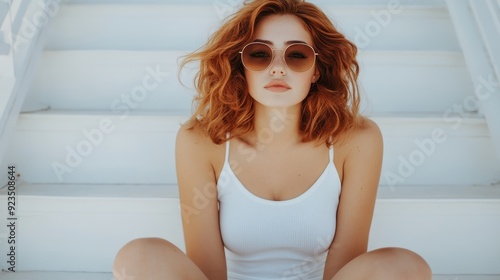 A red-haired woman in a white top sits pensively on white steps, radiating elegance and calmness in a minimalist and serene setting. photo