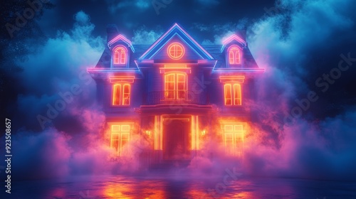 Minimalist neon haunted house illuminated by swirling mist at night photo