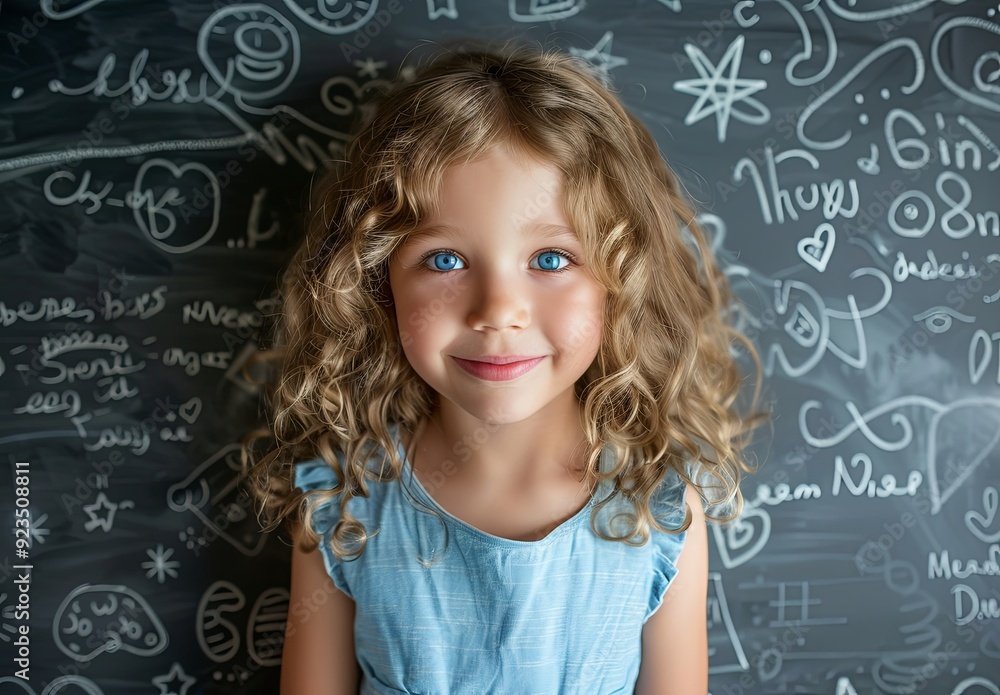 smiling girl standing in front of a large chalkboard, looking up with curiosity and wonder, education, creativity, and exploration of scientific ideas smiling girl standing in front of a large chalkboard, looking up with curiosity and wonder, education, creativity, and exploration of scientific ideas