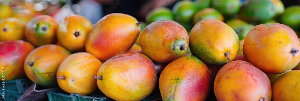 Mangoes arranged at a fruit market stand Mangoes arranged at a fruit market stand