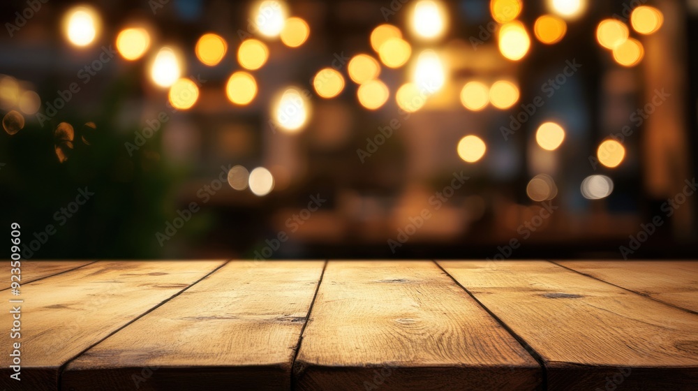 Wooden Table with Warm Bokeh Lights Wooden Table with Warm Bokeh Lights