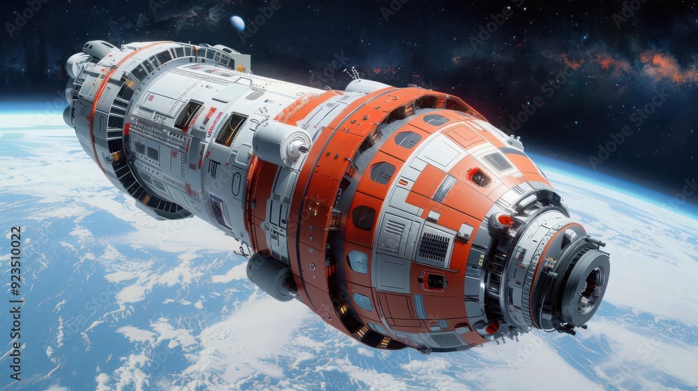 A futuristic spacecraft soaring through the cosmos, showcasing advanced technology and vibrant designs against a backdrop of Earth. A futuristic spacecraft soaring through the cosmos, showcasing advanced technology and vibrant designs against a backdrop of Earth.