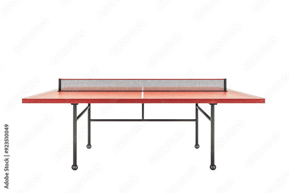 Red table tennis table with net and metal legs isolated on transparent background. Ideal for sports equipment catalogs and promotional materials. Red table tennis table with net and metal legs isolated on transparent background. Ideal for sports equipment catalogs and promotional materials.