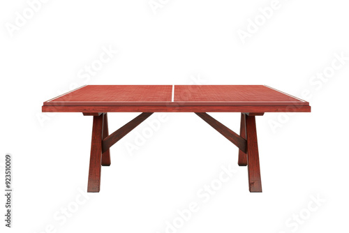 Red wooden table with a sturdy design, perfect for dining or outdoor spaces. Classic, wide surface suitable for various uses.