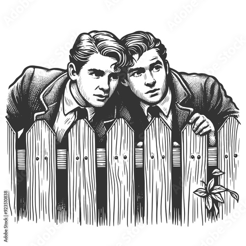 two men leaning over a wooden fence, peering curiously, evoking a sense of nostalgia and intrigue sketch engraving generative ai vector illustration. Scratch board imitation. Black and white image.