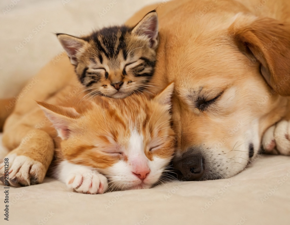 Cat and dog sleeping together. Kitten and puppy taking nap. Home pets. Animal care. Love and friendship. Domestic animals. Ai generated image. Cat and dog sleeping together. Kitten and puppy taking nap. Home pets. Animal care. Love and friendship. Domestic animals. Ai generated image.