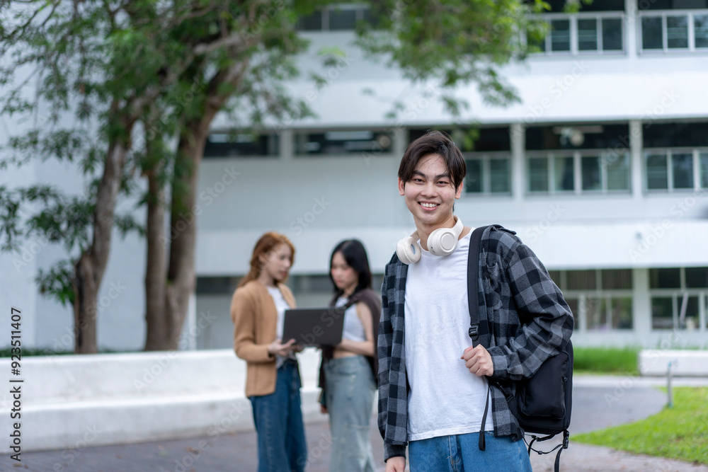 A young man with a backpack is smiling in front of a building A young man with a backpack is smiling in front of a building