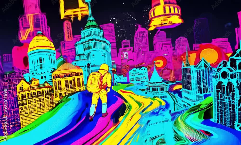 A psychedelic sketch astronaut in the city, with neon colors swirling around A psychedelic sketch astronaut in the city, with neon colors swirling around