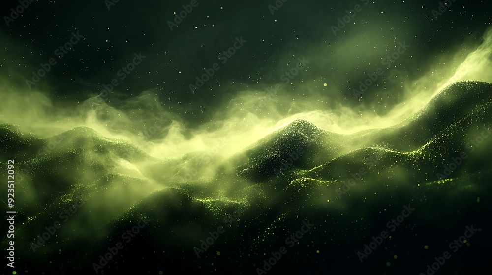 Fototapeta premium Luminous Lime Green Abstract Hills with Particles and Smoke - 3D Render on Dark Background