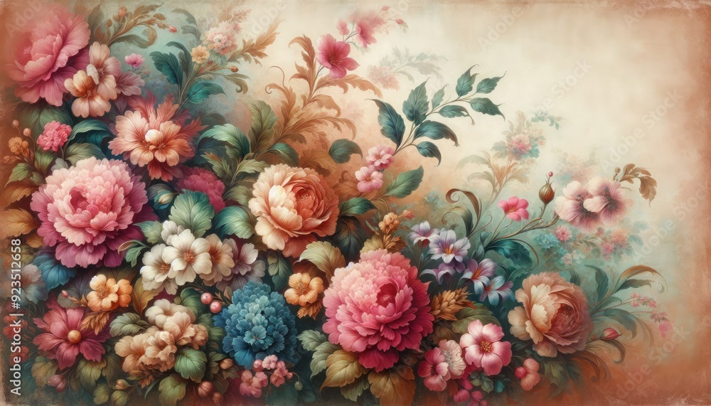 a painting of flowers and leaves with a background of flowers. a painting of flowers and leaves with a background of flowers.
