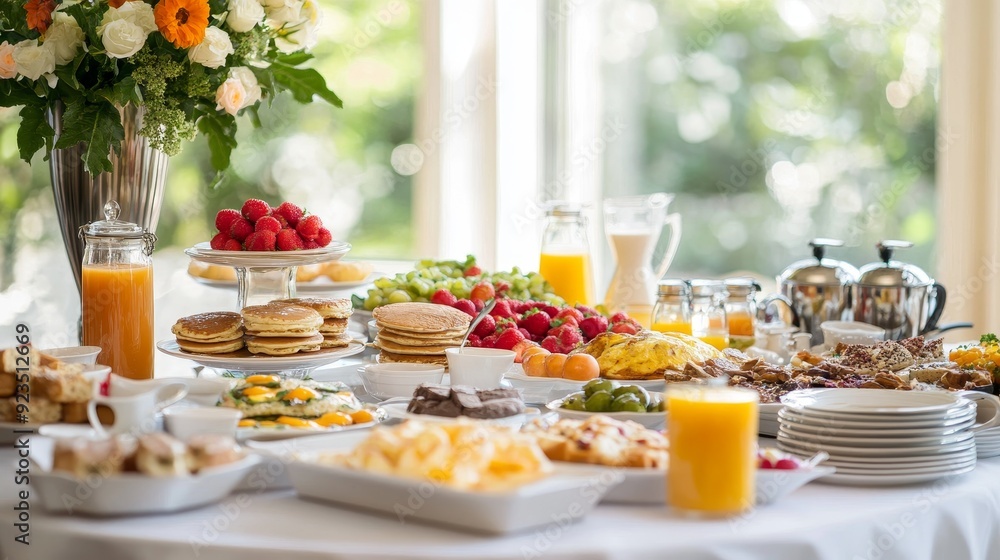 Brunch Delight: Appetizing Spread of Pancakes, Omelets, Fresh Fruits, Pastries, Coffee, and Juice on a Beautifully Set Table. Brunch Delight: Appetizing Spread of Pancakes, Omelets, Fresh Fruits, Pastries, Coffee, and Juice on a Beautifully Set Table.