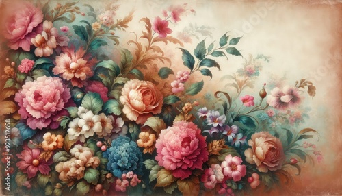 Wallpaper Mural a painting of flowers and leaves with a background of flowers. Torontodigital.ca