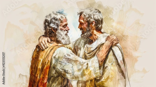 Apostle Peter and Paul Embracing Biblical Illustration on Beige Background with Copyspace Ideal for Religious Content