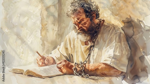 Apostle Paul in Chains Writing Letters from Prison Biblical Illustration on Beige Background with Copyspace Ideal for Religious Content