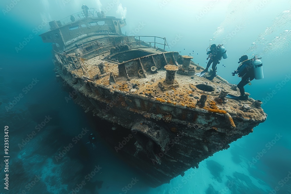 Exploration of a Sunken Shipwreck by Divers in Crystal Clear Ocean Waters Exploration of a Sunken Shipwreck by Divers in Crystal Clear Ocean Waters