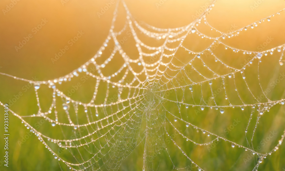 Naklejka premium Dew-Covered Spider Web Glimmering in Sunrise Light Over Green Grass