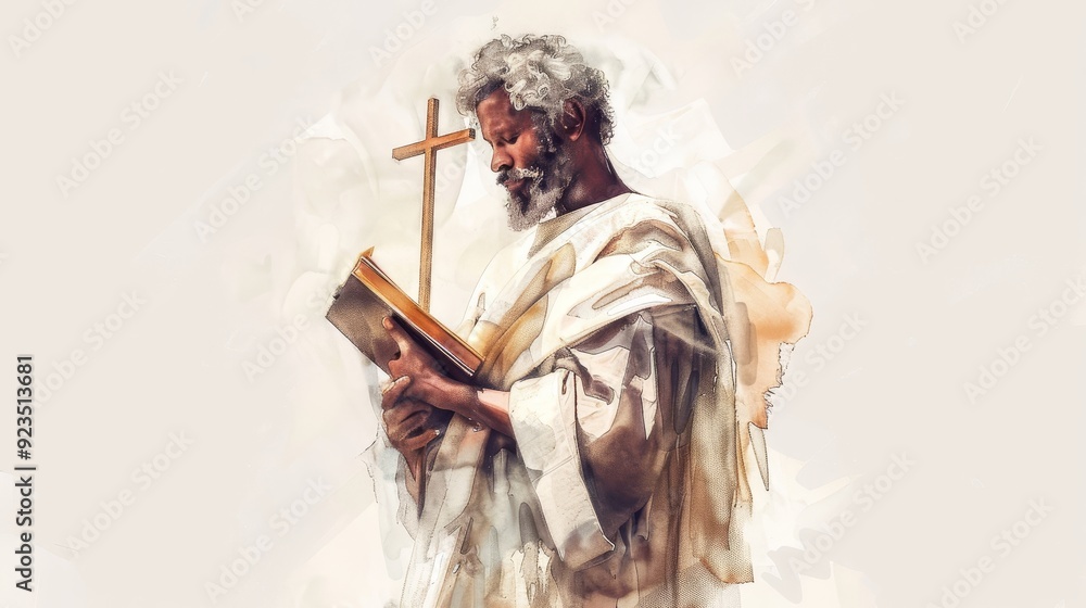 Fototapeta premium Apostle Matthias with Book and Cross - Symbolizing Apostolic Mission - Biblical Illustration on Beige Background - Copyspace