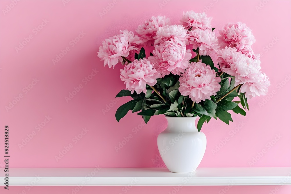 Fototapeta premium Fresh bouquet of pink flowers in vase on white shelf on pink wall background. Floral home decor.
