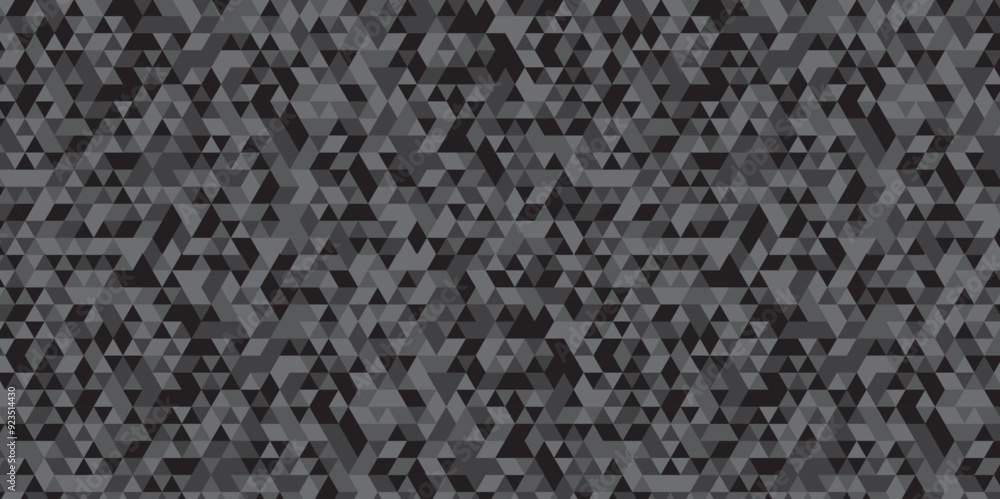 Geometric black and gray background seamless mosaic and low polygon triangle texture wallpaper. Triangle shape retro wall grid pattern geometric ornament tile vector square element. Geometric black and gray background seamless mosaic and low polygon triangle texture wallpaper. Triangle shape retro wall grid pattern geometric ornament tile vector square element.