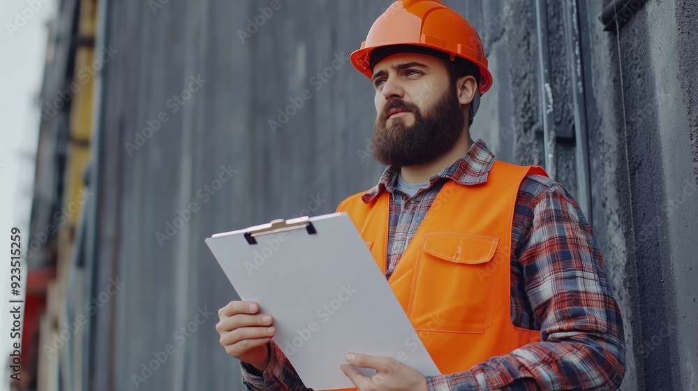 A construction worker with orange helmet holding a clipboard, on a gray background. A construction worker with orange helmet holding a clipboard, on a gray background.