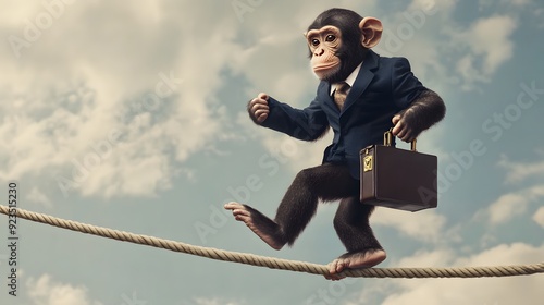 A monkey in a suit is walking on a rope.