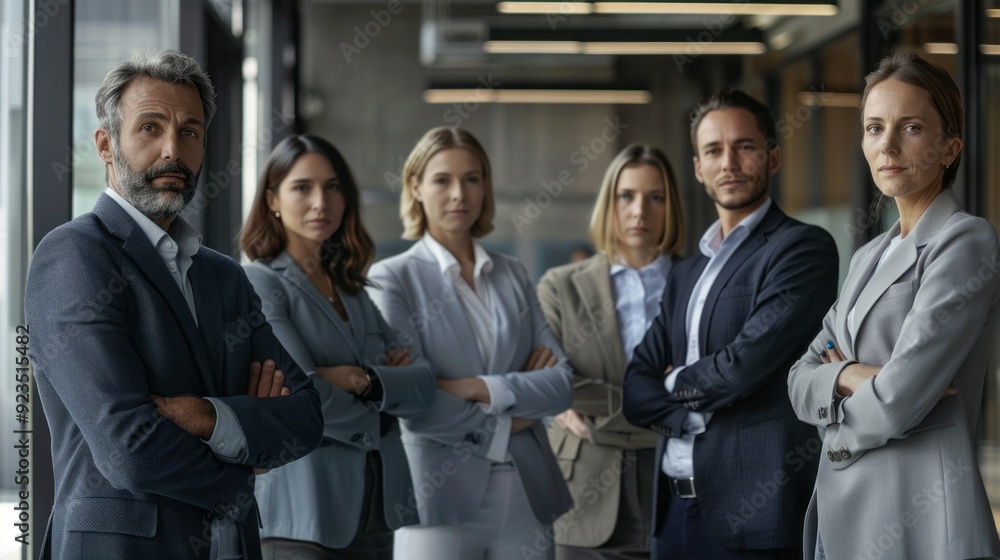 A group of six professionals, dressed in business attire, confidently poses in a modern office with large windows showcasing a cityscape A group of six professionals, dressed in business attire, confidently poses in a modern office with large windows showcasing a cityscape