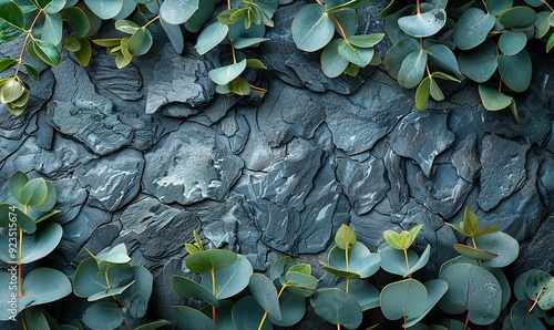 eucalyptus branches on a rough stone surface top view wediing invitation card mockup. photo