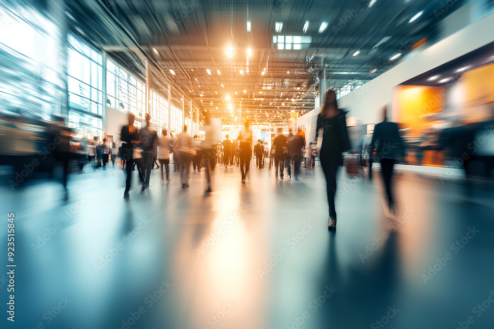 Fototapeta premium Background of an expo or convention with blurred individuals in an exposition hall. Concept image for an international exhibition, conference center, corporate marketing, 3d rendering, generative ai