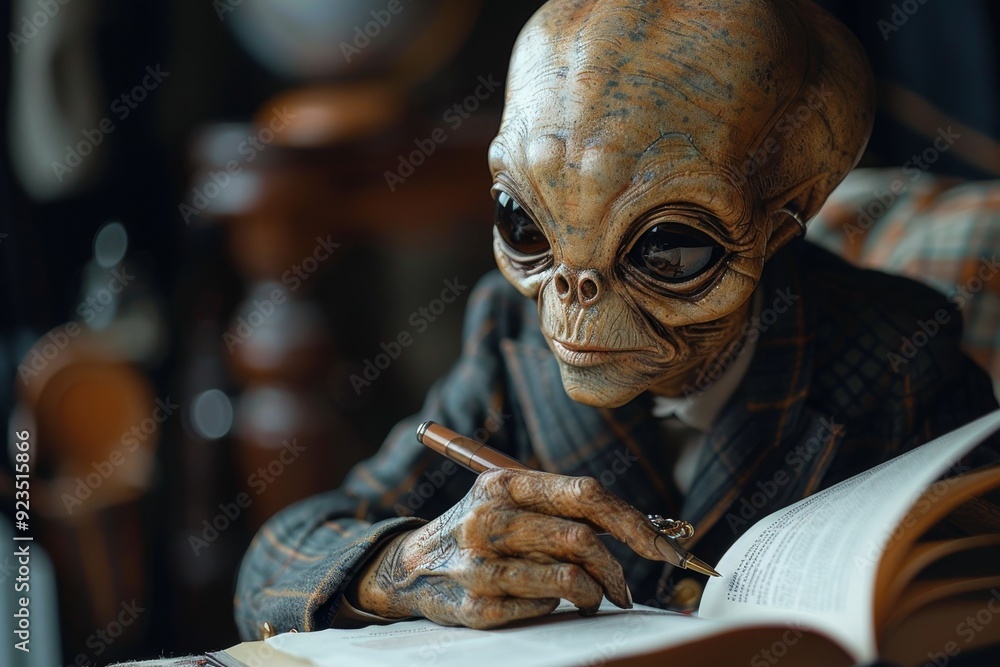 Alien Creature Dressed in Formal Attire Writing in a Large Book Indoors Alien Creature Dressed in Formal Attire Writing in a Large Book Indoors