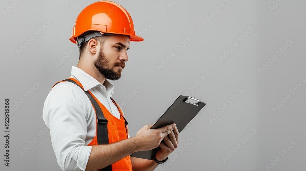 A construction worker with orange helmet holding a clipboard, on a gray background. A construction worker with orange helmet holding a clipboard, on a gray background.