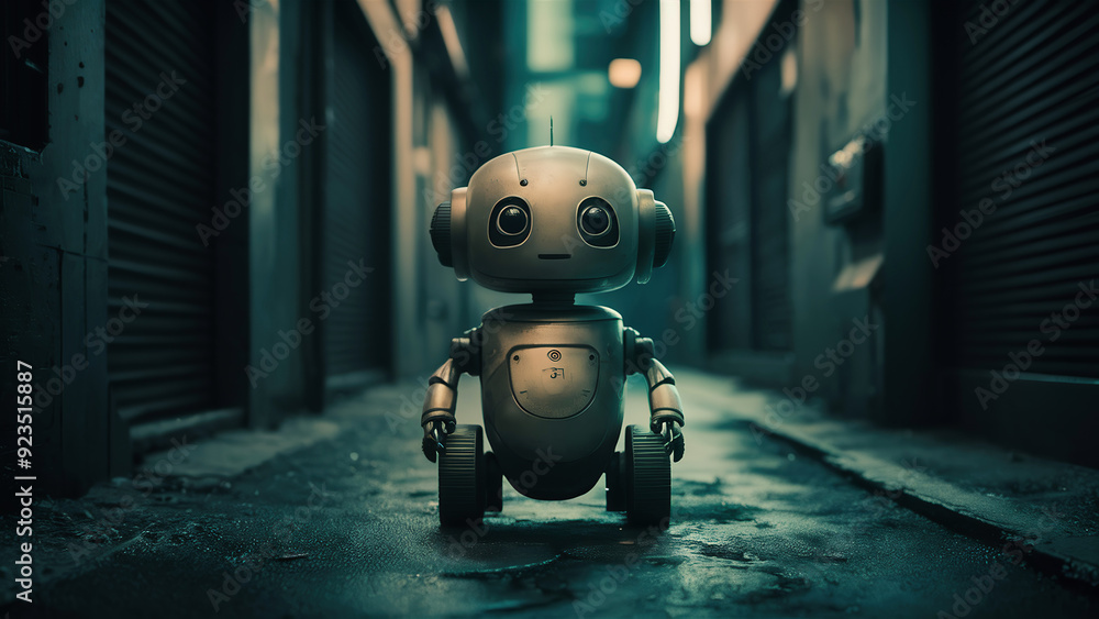 A small, cute robot with a simple design, standing in a city alleyway. A small, cute robot with a simple design, standing in a city alleyway.