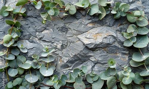 eucalyptus branches on a rough stone surface top view wediing invitation card mockup. photo