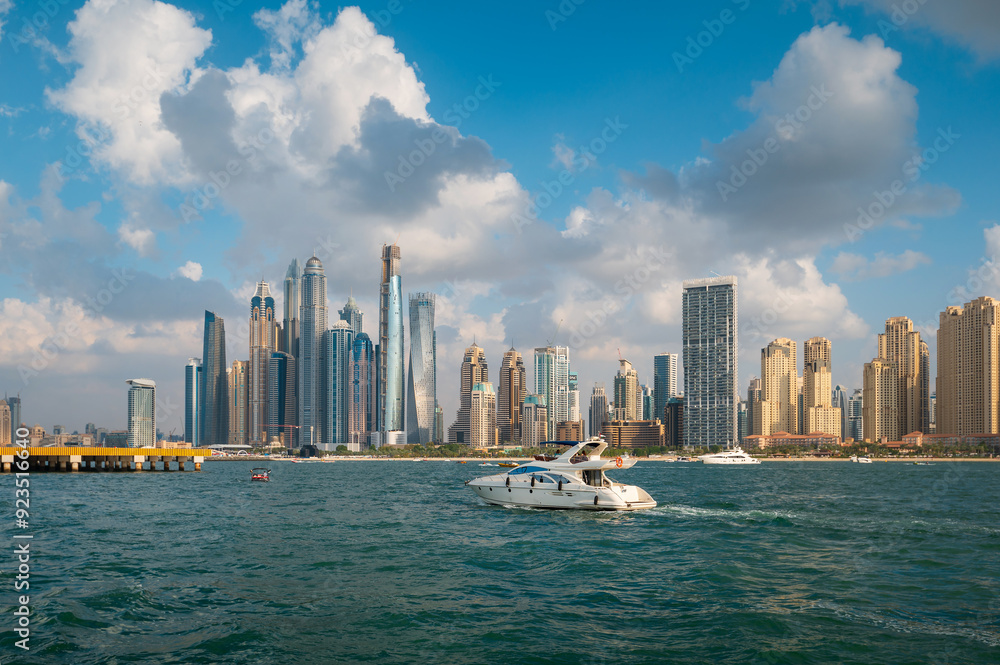 Sailing the Dubai Marina with downtown Dubai panorama
