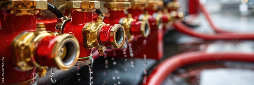 Fototapeta premium Close-up of red and gold firefighting equipment featuring valves and hoses.