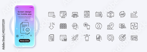 Work home, Online shopping and Startup rocket line icons for web app. Phone mockup gradient screen. Pack of Freezing click, Puzzle, Consumption growth pictogram icons. Vector