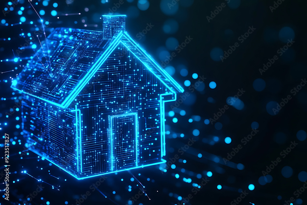 Abstract digital background banner showcasing a house with data connection elements in blue and black colors. Abstract digital background banner showcasing a house with data connection elements in blue and black colors.